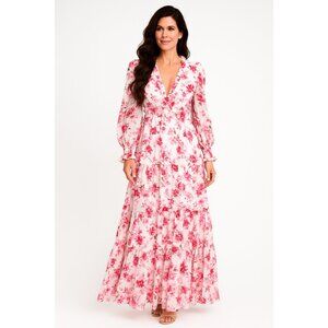 Women’s Long Sleeve V-Neck Floral Maxi Dress – White/Red/Pink – Size M – NWOT